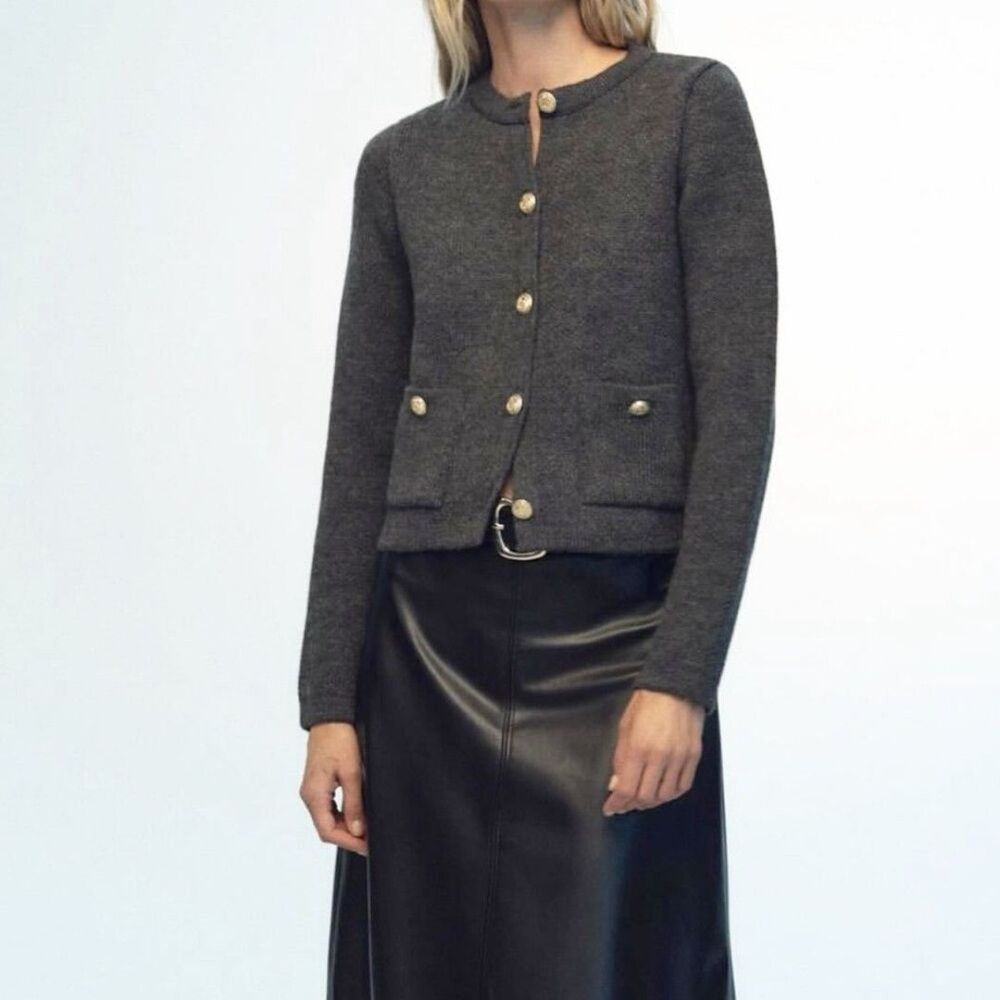 Zara Women's Grey and Gold Cardigan Size Small